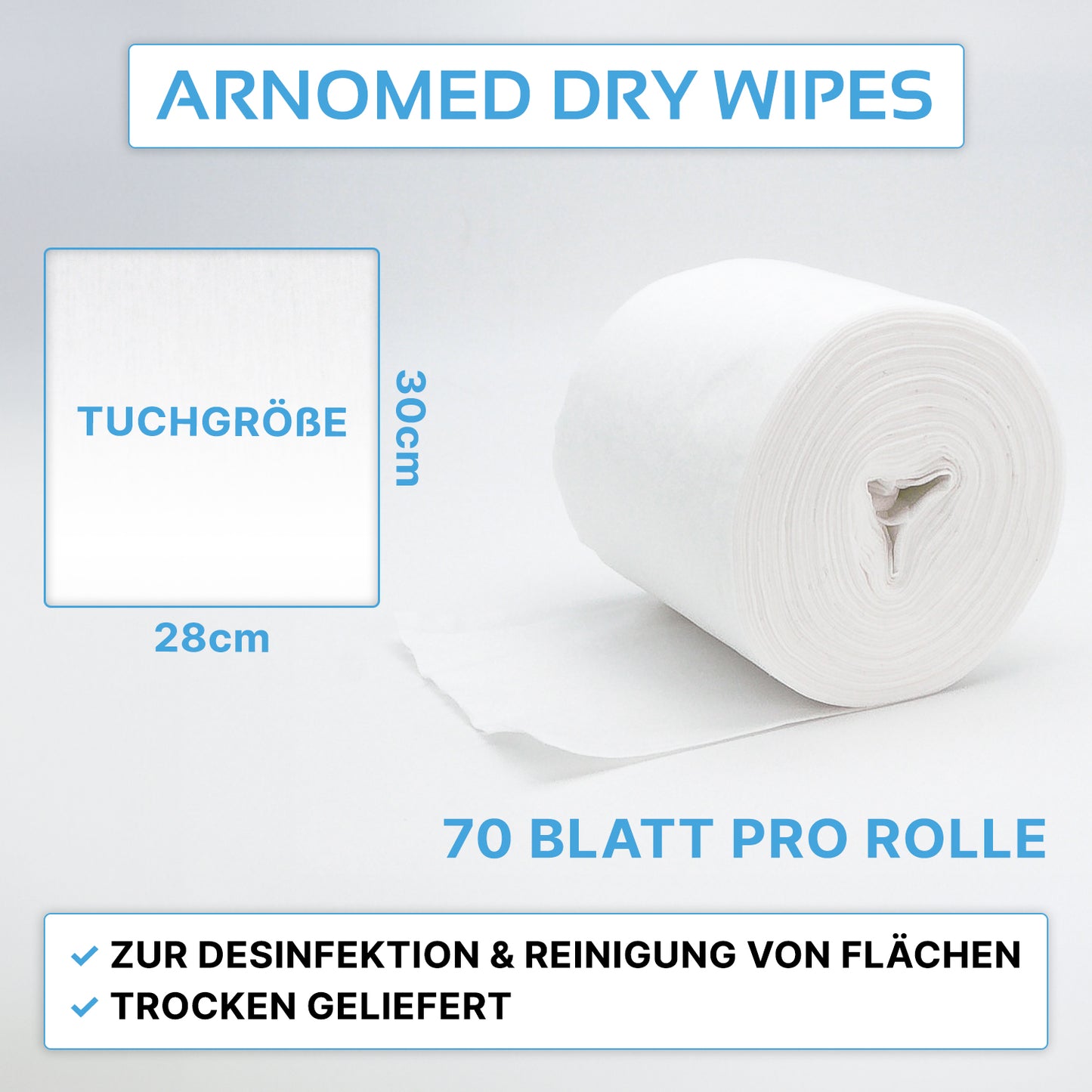 Pictured is a white roll of ARNOMED DRY WIPES from ARNOWA GmbH. Each roll has 70 sheets (30 x 28 cm), perfect for surface cleaning and soaking with disinfectant.