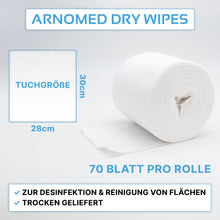Pictured is a white roll of ARNOMED DRY WIPES from ARNOWA GmbH. Each roll has 70 sheets (30 x 28 cm), perfect for surface cleaning and soaking with disinfectant.