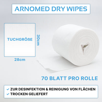 Pictured is a white roll of ARNOMED DRY WIPES from ARNOWA GmbH. Each roll has 70 sheets (30 x 28 cm), perfect for surface cleaning and soaking with disinfectant.
