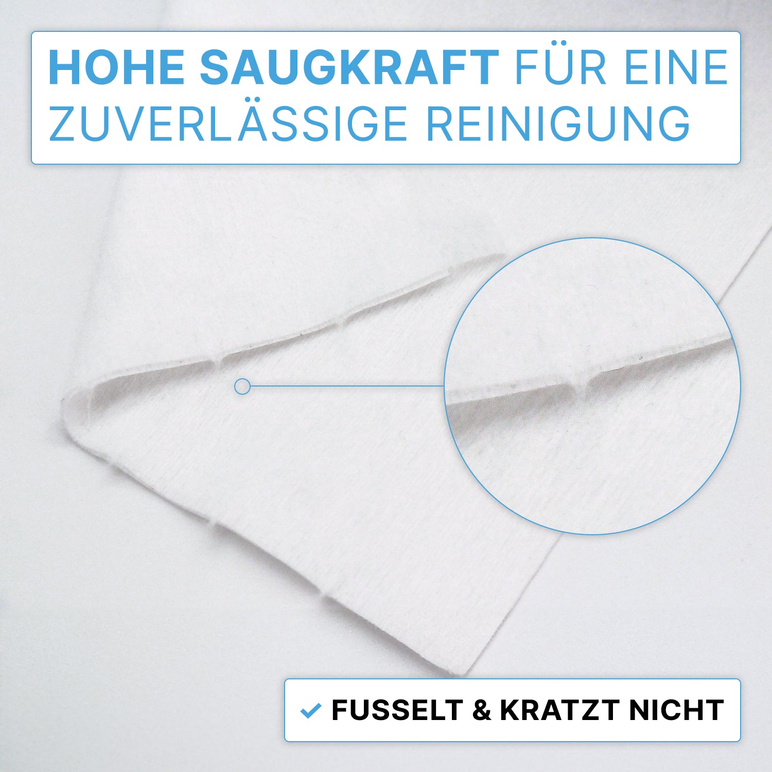 Close-up of a white ARNOMED DRY WIPES non-woven cloth from ARNOWA GmbH, ideal for surface disinfection or as a lint-free, absorbent cloth for soaking with disinfectant. The texture emphasizes reliable cleaning.