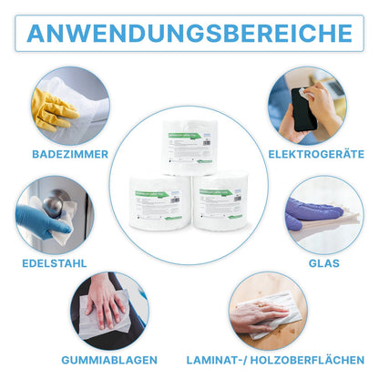 Image with ARNOMED DRY WIPES from ARNOWA GmbH in the center, with labeled symbols around: bathroom, electronics, stainless steel, glass, rubber mats, and laminate/wood - ideal for surface disinfection with the disinfectant of your choice.