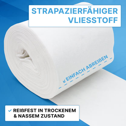 A large roll of ARNOMED DRY WIPES from ARNOWA GmbH on a blue background. German text: "Durable non-woven fabric," "Easy to tear off," "Tear-resistant in dry & wet condition." Ideal for surface disinfection.