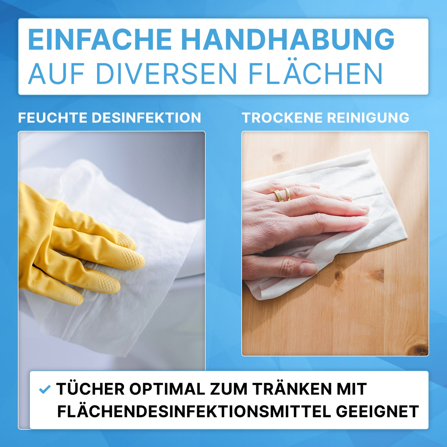 Two images show ARNOMED DRY WIPES from ARNOWA GmbH: On the left, a hand with a yellow glove wipes a surface wet, on the right, a hand without a glove cleans a wooden surface dry.