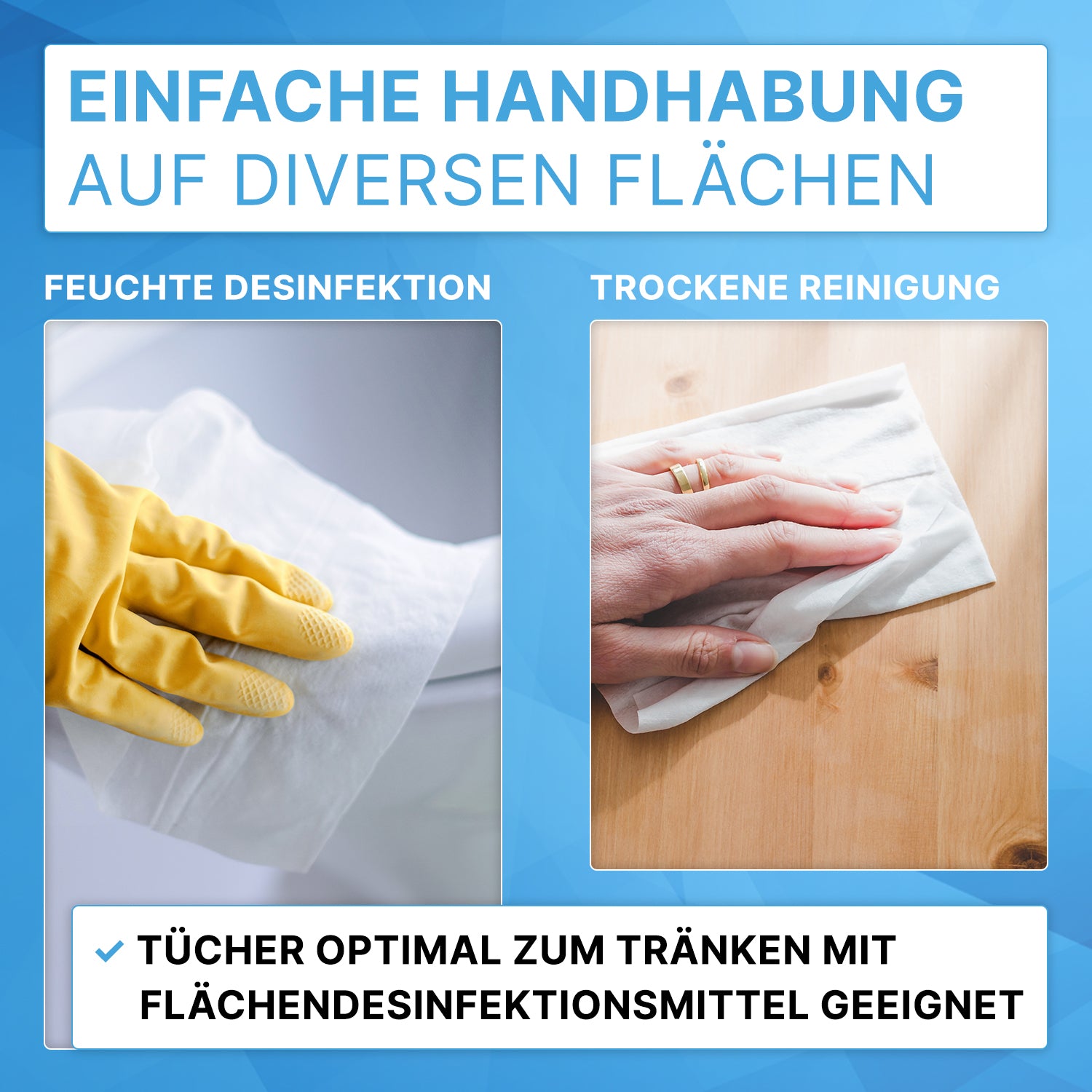 Two images show ARNOMED DRY WIPES from ARNOWA GmbH: On the left, a hand with a yellow glove wipes a surface wet, on the right, a hand without a glove cleans a wooden surface dry.