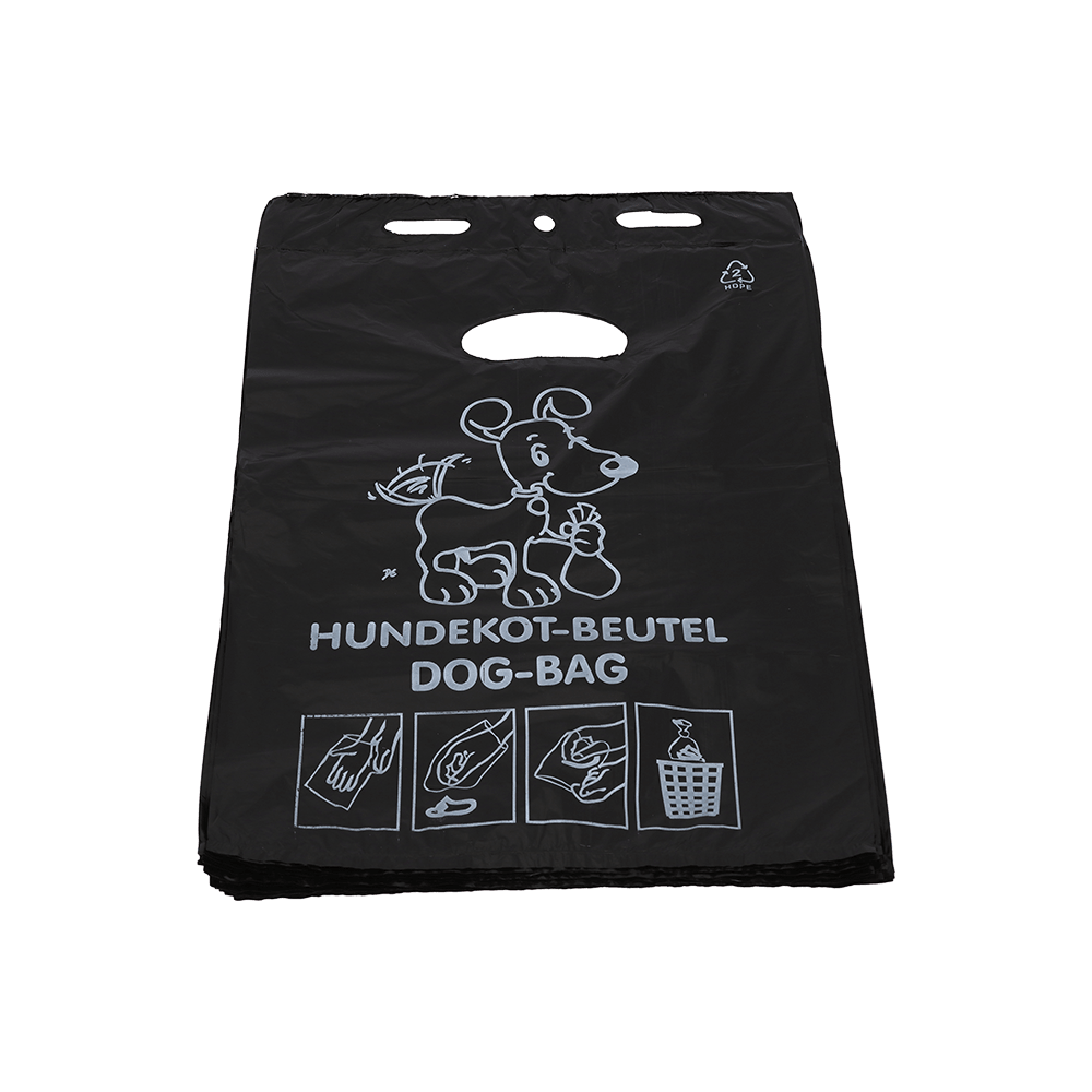 The DEISS 55810 dog waste bag from EMIL DEISS KG is a black, eco-friendly dog waste bag (250x310+30x0.015 mm) with a cartoon dog motif, "HUNDEKOT-BEUTEL DOG-BAG" lettering, white instructions, and practical handle cutouts; available in boxes of 2000 pieces.