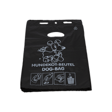 The DEISS 55810 dog waste bag from EMIL DEISS KG is a black, eco-friendly dog waste bag (250x310+30x0.015 mm) with a cartoon dog motif, "HUNDEKOT-BEUTEL DOG-BAG" lettering, white instructions, and practical handle cutouts; available in boxes of 2000 pieces.