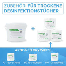 Left: White ARNOMED dispenser bucket with the label "Arnomed Sprühcremer" from ARNOWA GmbH. Right: Three ARNOMED dispenser buckets for non-woven cloth rolls (70, 90, 140 cloths) - ideal for disinfection.
