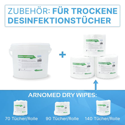 Left: White ARNOMED dispenser bucket with the label "Arnomed Sprühcremer" from ARNOWA GmbH. Right: Three ARNOMED dispenser buckets for non-woven cloth rolls (70, 90, 140 cloths) - ideal for disinfection.