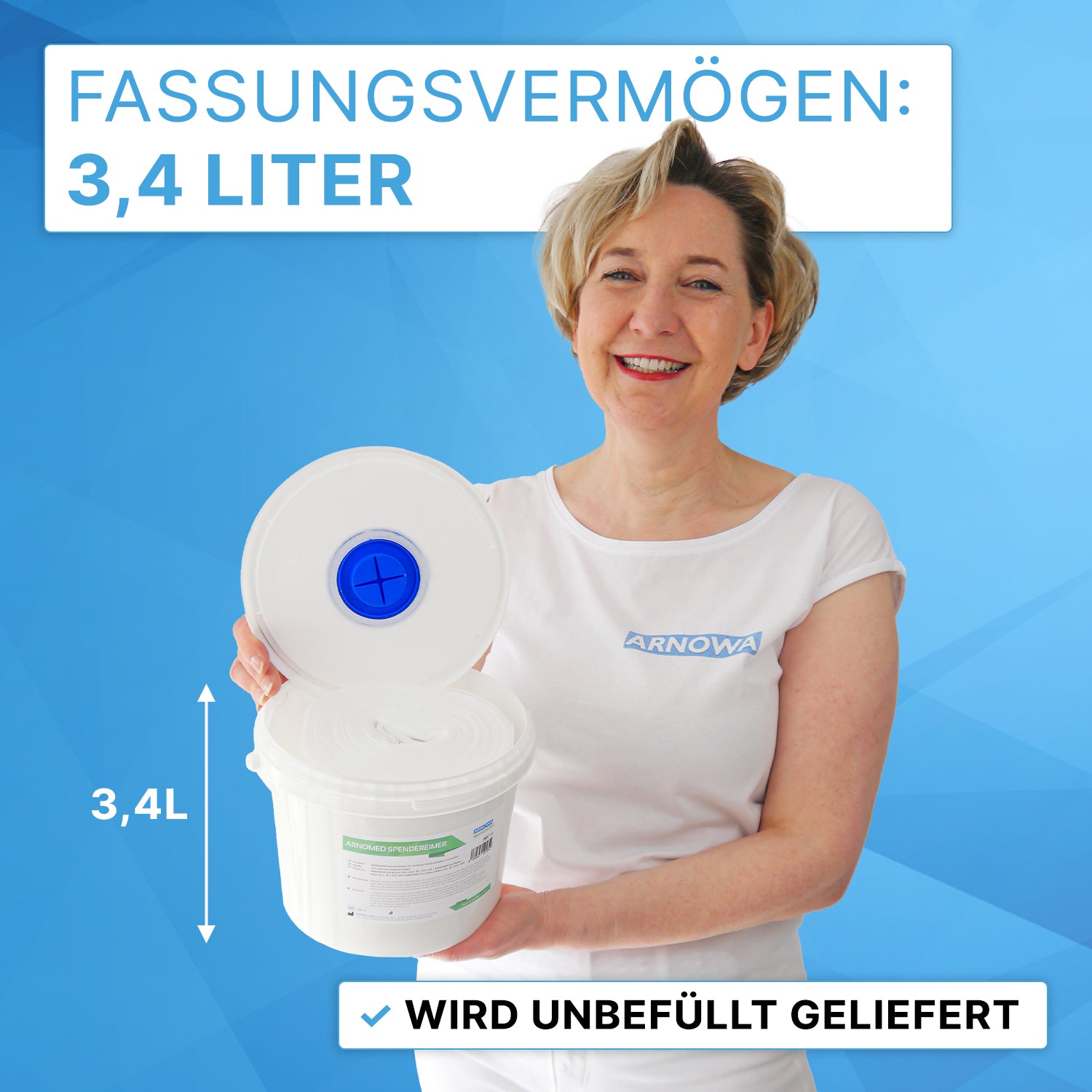 A woman in a white shirt holds the ARNOMED dispenser bucket for non-woven cloth rolls from ARNOWA GmbH. The open 3.4-liter container, delivered unfilled, is ideal for disinfection thanks to its large volume.