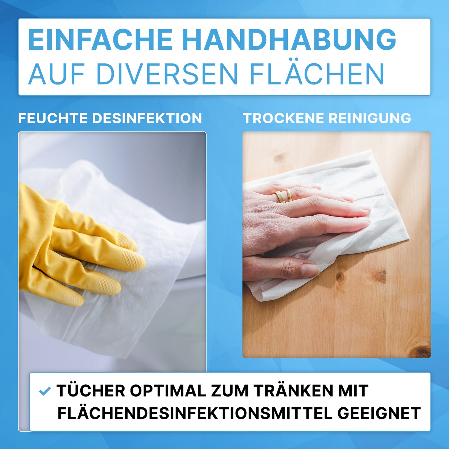 Left: A hand with a yellow rubber glove uses a wet cloth from the ARNOMED dispenser bucket for non-woven cloth rolls from ARNOWA GmbH for disinfection; right: a bare hand wipes with a dry cloth. Text explains the applications.
