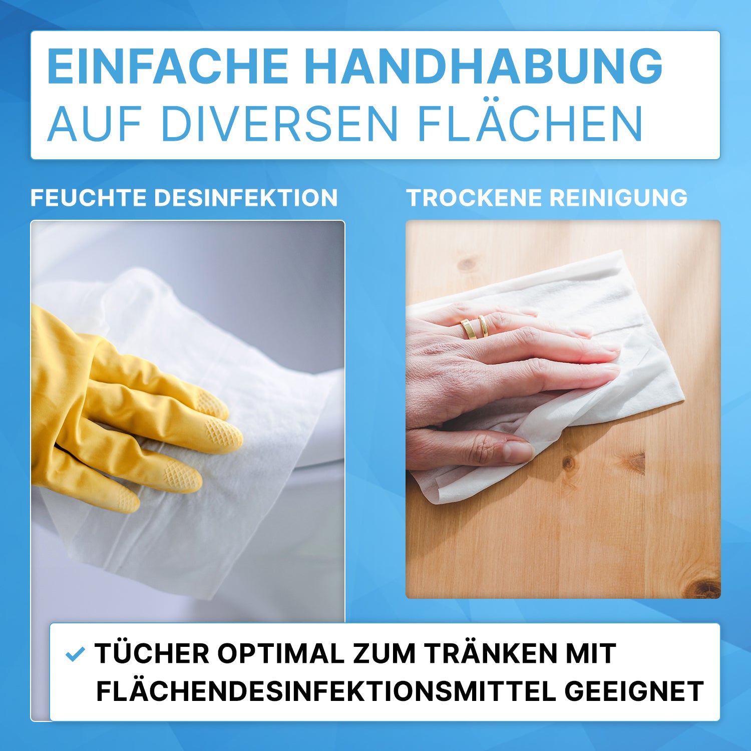 Left: A hand with a yellow rubber glove uses a wet cloth from the ARNOMED dispenser bucket for non-woven cloth rolls from ARNOWA GmbH for disinfection; right: a bare hand wipes with a dry cloth. Text explains the applications.