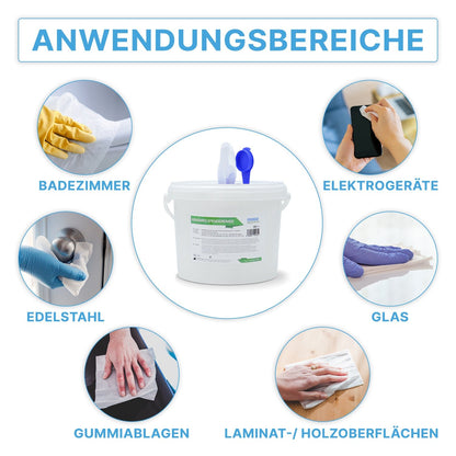 A labeled graphic shows in the middle the ARNOMED dispenser bucket for non-woven cloth rolls from ARNOWA GmbH, in the middle circles with photos and German labels for disinfection on bathrooms, electronics, stainless steel, glass, rubber mats, and wood.