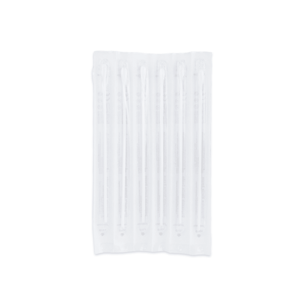 A sealed, transparent plastic package containing six individually wrapped throat swabs, arranged in a row—ideal for use with the Altruan Strep A - Bisaf Professional 25 Tests | Pack (25 pieces).