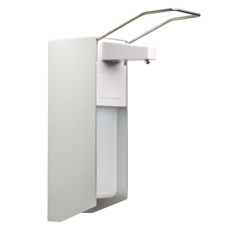 The MCD MEDICAL CARE DENTAL GmbH NITRAS disinfectant dispenser (1 piece) holds 1000 ml bottles, has an arm lever for easy operation, is made of aluminum/plastic in silver/white, and is delivered including wall mounting.