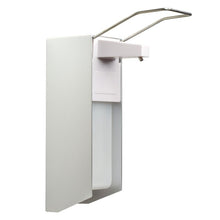 The MCD MEDICAL CARE DENTAL GmbH NITRAS disinfectant dispenser (1 piece) holds 1000 ml bottles, has an arm lever for easy operation, is made of aluminum/plastic in silver/white, and is delivered including wall mounting.