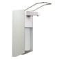 The MCD MEDICAL CARE DENTAL GmbH NITRAS disinfectant dispenser (1 piece) holds 1000 ml bottles, has an arm lever for easy operation, is made of aluminum/plastic in silver/white, and is delivered including wall mounting.