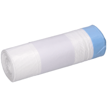 A roll of white DEISS 56004 garbage bags (25 pieces, 500x600+50x0.015 mm) from EMIL DEISS KG (GmbH + Co.), with a blue bag at the end, is wrapped in a plain white label and placed on a light background.