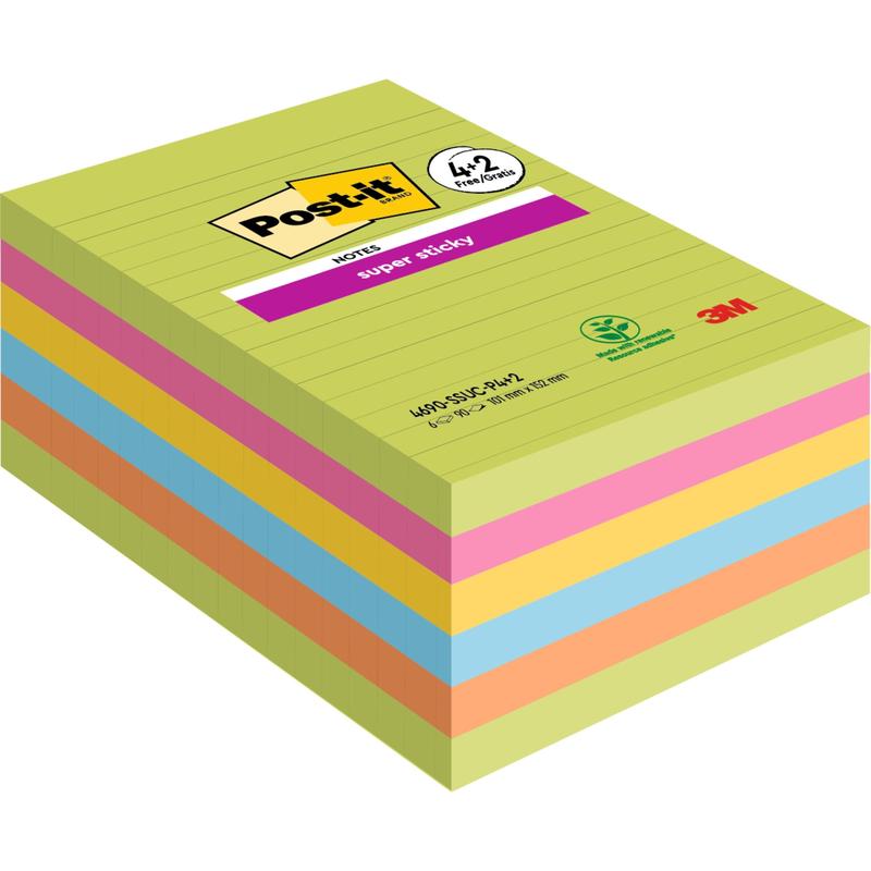 A pack of 3M Post-it® Super Sticky Notes in large format, lined, 101 x 152 mm in various colors (90 sheets/pad, 4 pads + 2 free), strong adhesive and PEFC certified. The cover shows lines with Post-it and 3M logo.