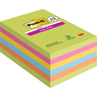 A pack of 3M Post-it® Super Sticky Notes in large format, lined, 101 x 152 mm in various colors (90 sheets/pad, 4 pads + 2 free), strong adhesive and PEFC certified. The cover shows lines with Post-it and 3M logo.