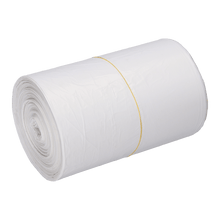 A roll of EMIL DEISS KG (GmbH + Co.) DEISS 56820 garbage bags (540x580x0.011 mm, white) is tightly wrapped and secured with a yellow rubber band on a white background - ideal for efficient waste disposal.