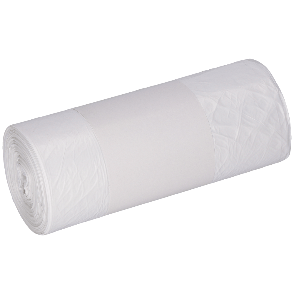 A roll of EMIL DEISS KG (GmbH + Co.) DEISS 56939 trash bags (630x850 mm, white, 40 pieces) with a plain white label wrapped around the middle on a light background.