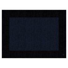An abstract image showing a large dark blue rectangle with a textured grid pattern reminiscent of the sophisticated Duni Dunicel® placemat 30 x 40 cm 'Linnea Black' by Duni GmbH, against a black background reflecting the grid structure.