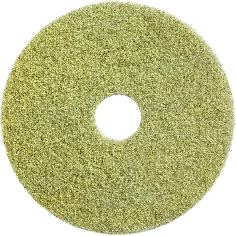 The Diversey Twister Pad (yellow) by Diversey Deutschland GmbH & Co. OHG is a circular, fibrous yellow-green pad with a central hole, ideal for cleaning and maintaining stone floors, depicted on a white background.