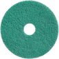 The Twister Pad, green from Diversey Deutschland GmbH & Co. OHG is a round maintenance cleaning pad for stone floors with a textured surface and center hole – ideal for easy stone floor cleaning against a white background.
