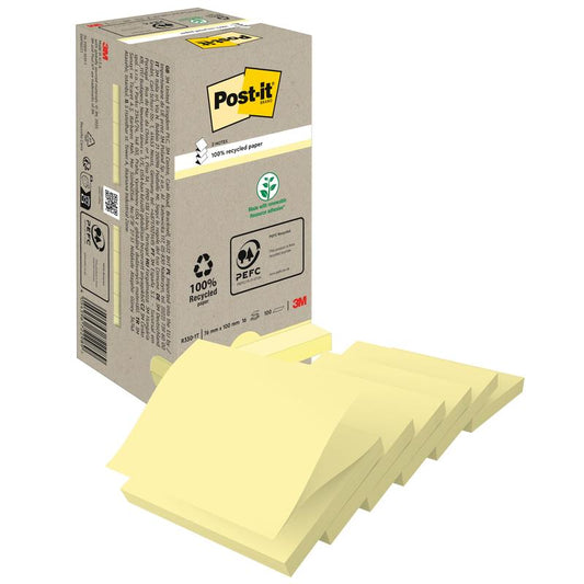 Depicted is a beige box of 3M Deutschland GmbH Post-it® Recycling Z-Notes (76 mm x 76 mm, 100% PEFC, 100 sheets/block) with several yellow blocks on the front and recycling certification symbols on the box.
