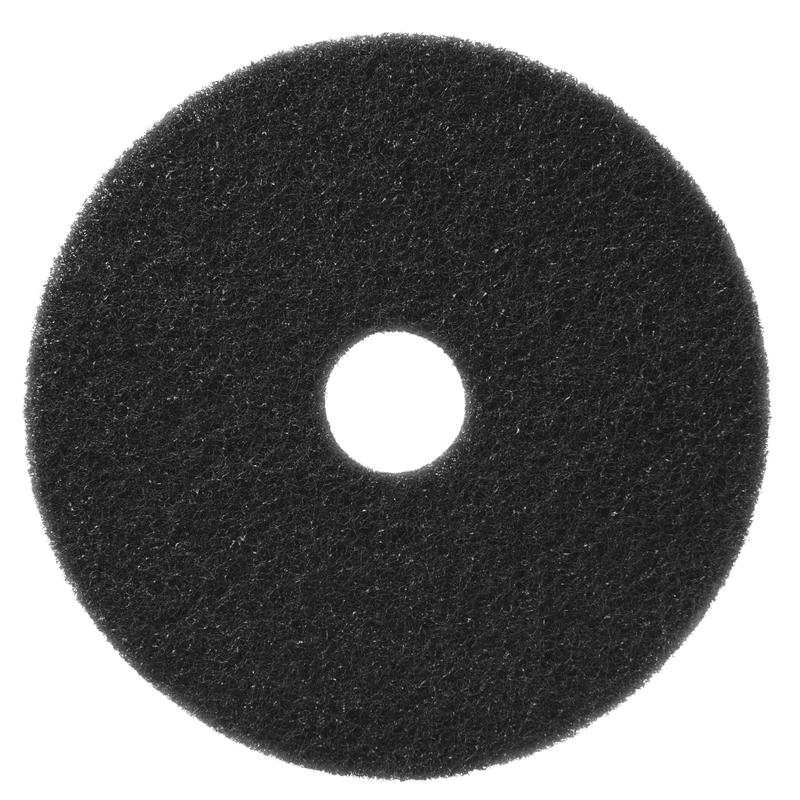 A black, round TASKI Americo Pad Black, an aggressive scrubbing pad from Diversey Deutschland GmbH & Co. OHG, with rough texture and central hole, viewed from above against a white background.
