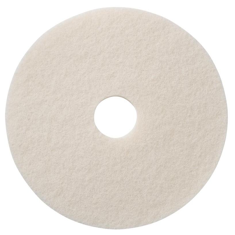 The TASKI Americo Pad White High-Quality High-Speed Polishing Pad from Diversey Deutschland GmbH & Co. OHG is a round, cream-colored pad with a central hole, optimized for efficient floor polishing and depicted on a white background.