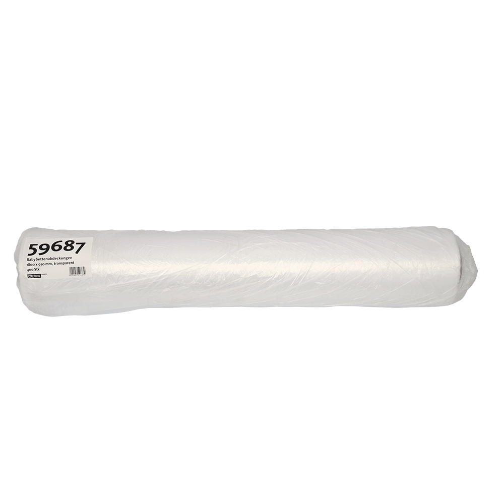 A large roll EMIL DEISS KG (GmbH + Co.) DEISS 59687 baby cot covers, 1800x950 mm, transparent and labeled, is on a plain white background; package contains 400 pieces.