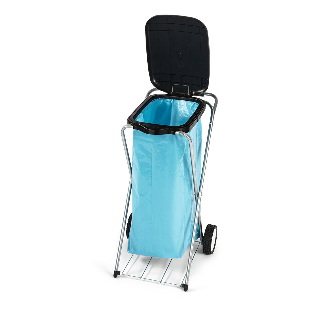The Nölle Profi mobile waste collector (35x37x78 cm) from Nölle Profi Brush Brush & Paintbrush Technology e.K. features metal legs, a black lid, a blue bag, and two wheels; depicted upright with an open lid.