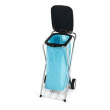 The Nölle Profi mobile waste collector (35x37x78 cm) from Nölle Profi Brush Brush & Paintbrush Technology e.K. features metal legs, a black lid, a blue bag, and two wheels; depicted upright with an open lid.