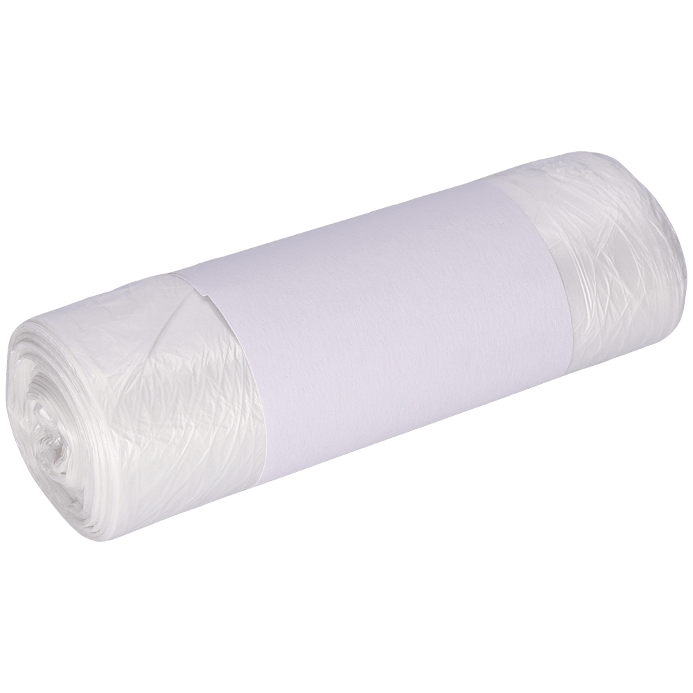 A roll of DEISS garbage bags 490x600 mm made of HDPE 30 l from EMIL DEISS KG (GmbH + Co.) is wrapped with a plain white paper band and tightly packed, depicted against a light background.