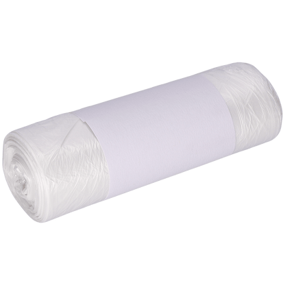 A roll of DEISS garbage bags 490x600 mm made of HDPE 30 l from EMIL DEISS KG (GmbH + Co.) is wrapped with a plain white paper band and tightly packed, depicted against a light background.