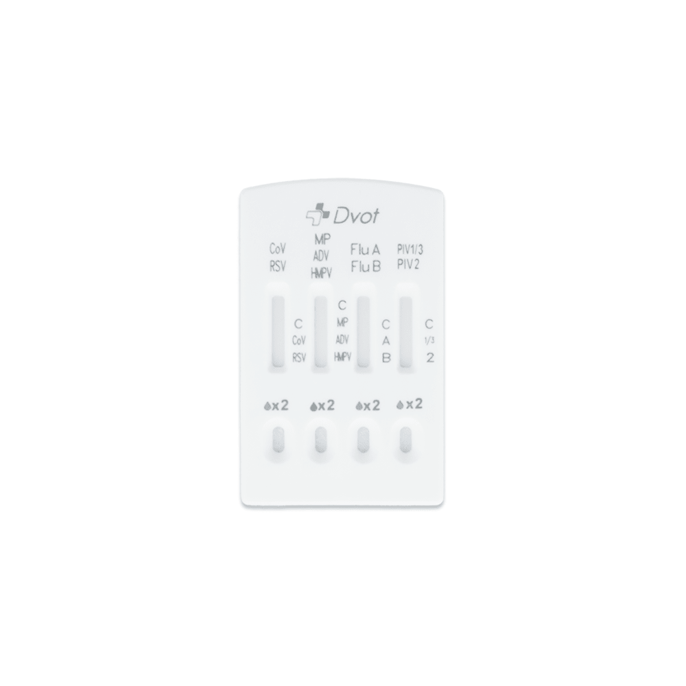 The althouseruan.combo 9in1 DVOT Professional test cassette provides four result windows for SARS-CoV-2, Influenza A+B, RSV, Adenovirus, hMPV, PIV 1/3/2, and Mycoplasma - an efficient white rapid test solution in a single package.