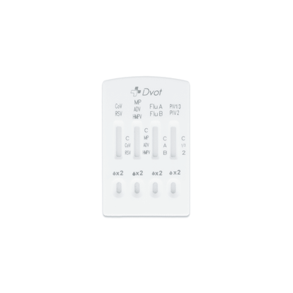 The althouseruan.combo 9in1 DVOT Professional test cassette provides four result windows for SARS-CoV-2, Influenza A+B, RSV, Adenovirus, hMPV, PIV 1/3/2, and Mycoplasma - an efficient white rapid test solution in a single package.