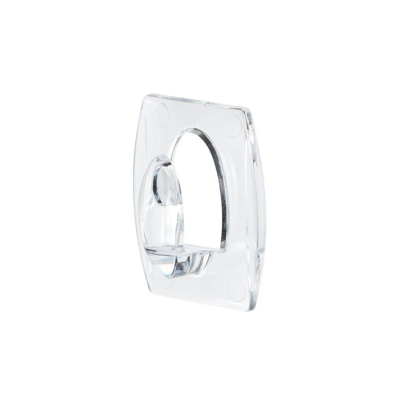A Command™ Mini Hook, transparent, with transparent strips (17006CLRFGN) by 3M Deutschland GmbH is seen at an angle on a white background; the rectangular object has rounded corners and an oval suspension in the middle.