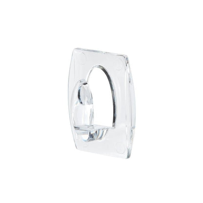 A Command™ Mini Hook, transparent, with transparent strips (17006CLRFGN) by 3M Deutschland GmbH is seen at an angle on a white background; the rectangular object has rounded corners and an oval suspension in the middle.