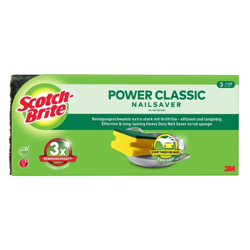 A rectangular box of Scotch-Brite® Classic Handle Sponge from 3M Deutschland GmbH with product images, branding, and information on effective cleaning in German and English.