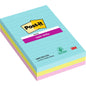 A stack of lined Post-it® Super Sticky Notes in large format (101 mm x 152 mm, 90 sheets/block, 100% PEFC) from 3M Deutschland GmbH in eco-friendly packaging.