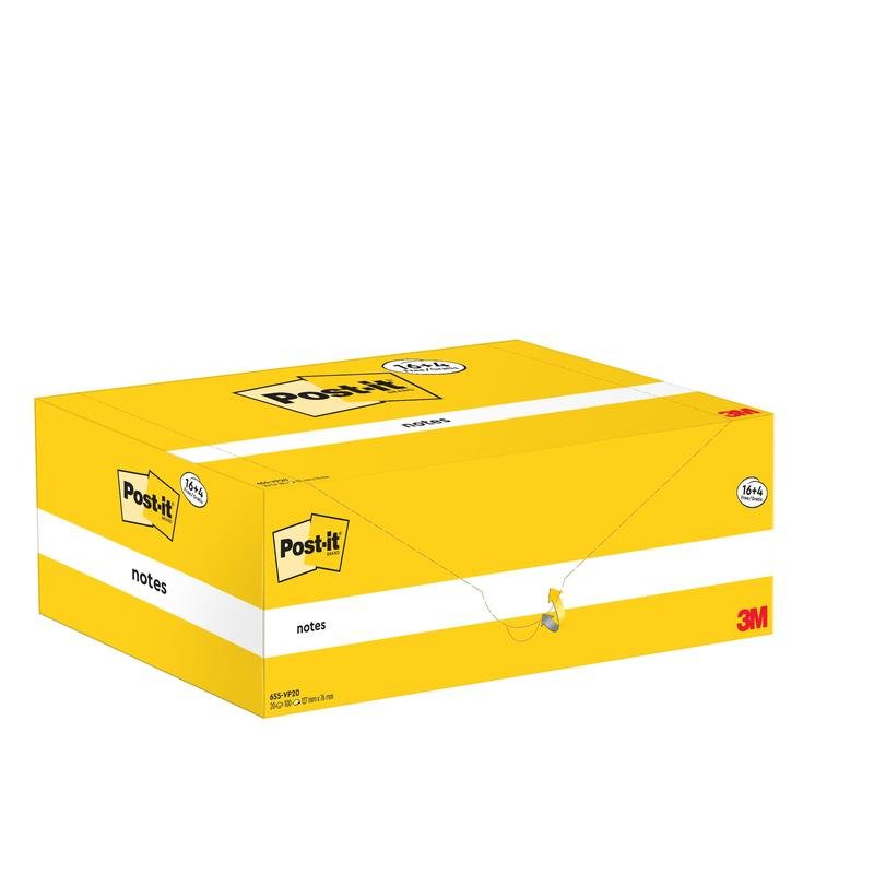 A yellow, rectangular box of 3M Deutschland GmbH Post-it® Notes, 76x127mm, 100 sheets per block, with 16 blocks plus 4 free per pack, PEFC-certified. The closed box with labeling is depicted on a white background.