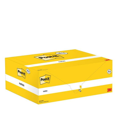 A yellow, rectangular box of 3M Deutschland GmbH Post-it® Notes, 76x127mm, 100 sheets per block, with 16 blocks plus 4 free per pack, PEFC-certified. The closed box with labeling is depicted on a white background.