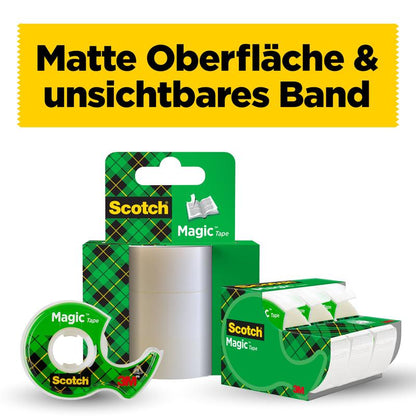 Pictured is the Scotch® Magic™ Invisible Tape from 3M Deutschland GmbH: 3 rolls (19 mm x 25 m) plus 1 free hand dispenser. In the background, a yellow banner reads: "Matte surface & invisible tape."