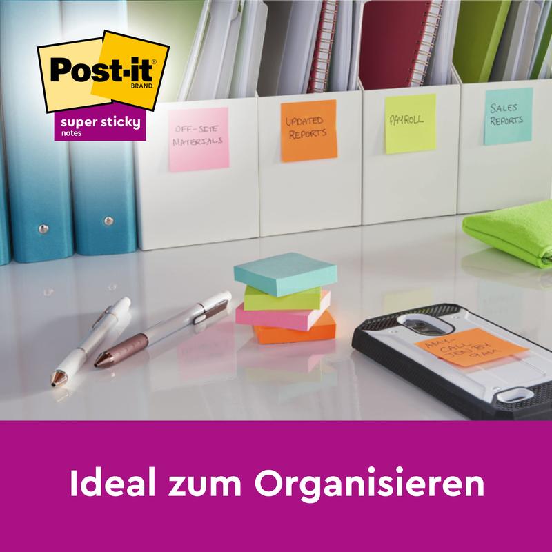 On a desk lie office supplies, including pens, folders, and Post-it® Super Sticky Notes in large format (101 x 152 mm, lined, 6 pads). "Ideal for organizing." The Post-it logo from 3M Deutschland GmbH appears at the top left.