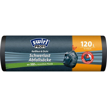 A roll of Swirl heavy-duty bags Profi with drawstring 120 l (12 bags) from Melitta Europa GmbH & Co. KG, tear-resistant and leak-proof, made from 100% recycled plastic, in black packaging with German product information.