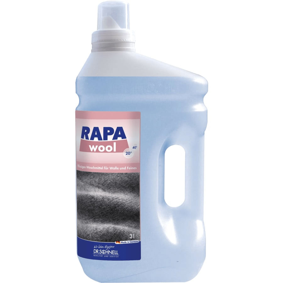 A large 3L plastic bottle Dr. Schnell RAPA WOOL laundry hygiene powder by DR.SCHNELL GmbH & Co. KGaA with handle and spout, with German text for cleaning textiles and delicate fibers like wool or silk.