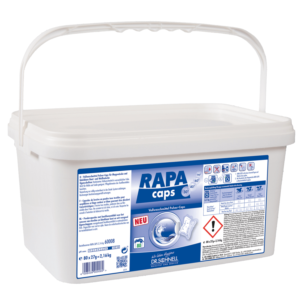 A white plastic canister labeled "Dr. Schnell RAPA CAPS full detergent powder, manual dosing, laundry hygiene" (2160 g) from DR.SCHNELL GmbH & Co. KGaA features a handle, a blue and white sticker, safety symbols, and instructions.