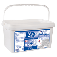 A white plastic canister labeled "Dr. Schnell RAPA CAPS full detergent powder, manual dosing, laundry hygiene" (2160 g) from DR.SCHNELL GmbH & Co. KGaA features a handle, a blue and white sticker, safety symbols, and instructions.